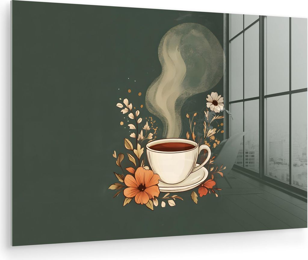 MuchoWow Glasbilder - Bilder auf Wandbild - Foto auf Glas Tasse - Blumen - Grün - Kaffee 120x80 cm Wanddekoration aus Glas - Acrylglasbild - Acryl...