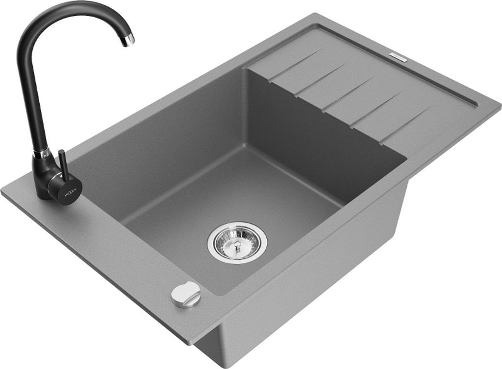Mexen Elias 1 Becken-Granitspüle mit Abtropffläche und Mischbatterie Telma, Grau - 6511-71-670200-70