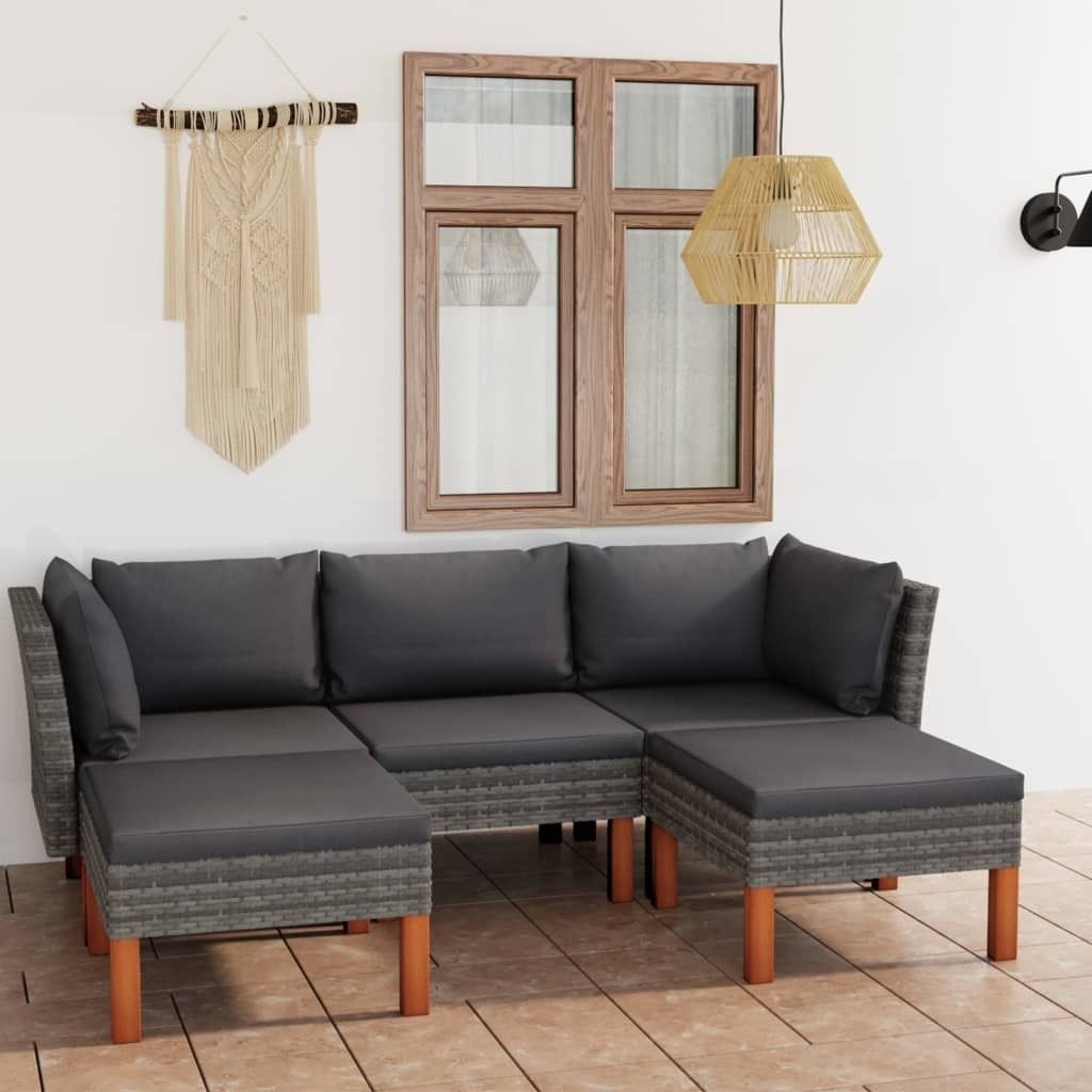 The Living Store 5-tlg. Garten-Lounge-Set mit Kissen Poly Rattan Grau