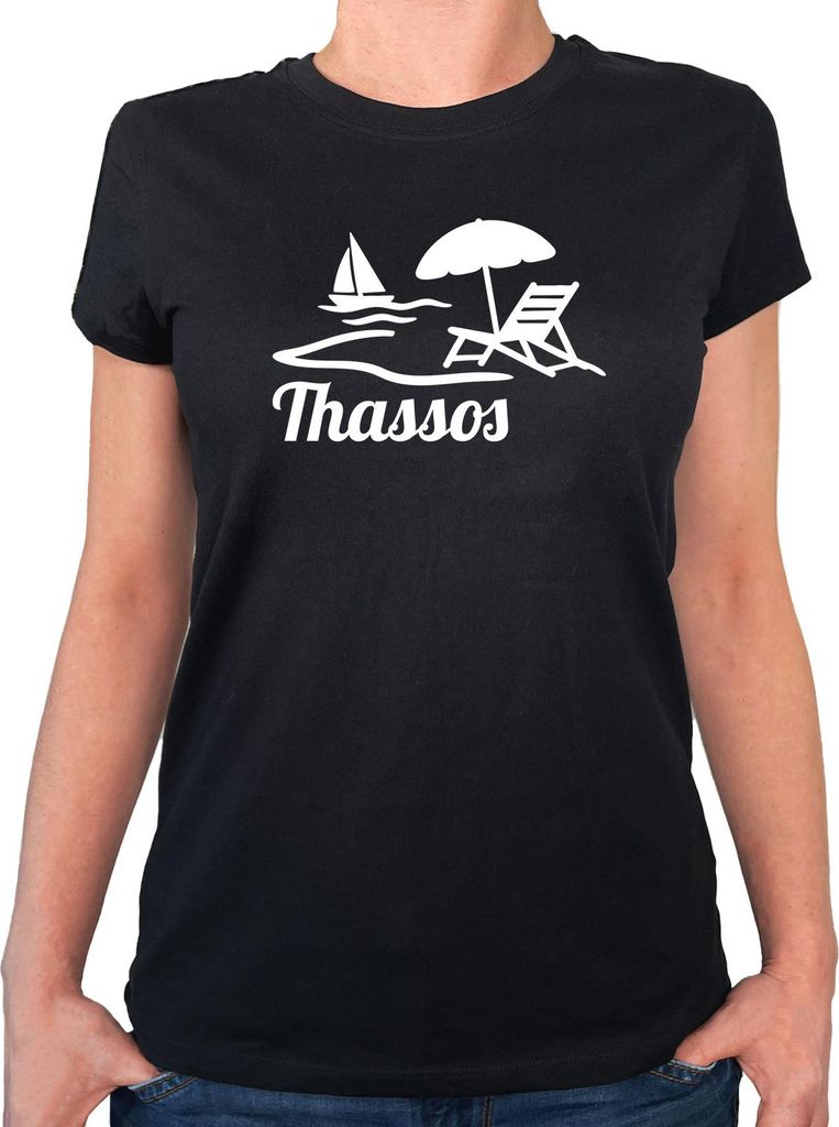 Huuraa Damen T-Shirt Thassos Inselmotiv Griechenland L Black Bio Baumwolle Fairtrade Damenshirt Geschenkidee