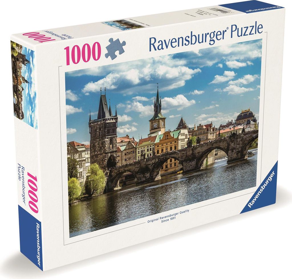 A Ravensburger puzzle box featuring a scenic view of Prague's Charles Bridge.