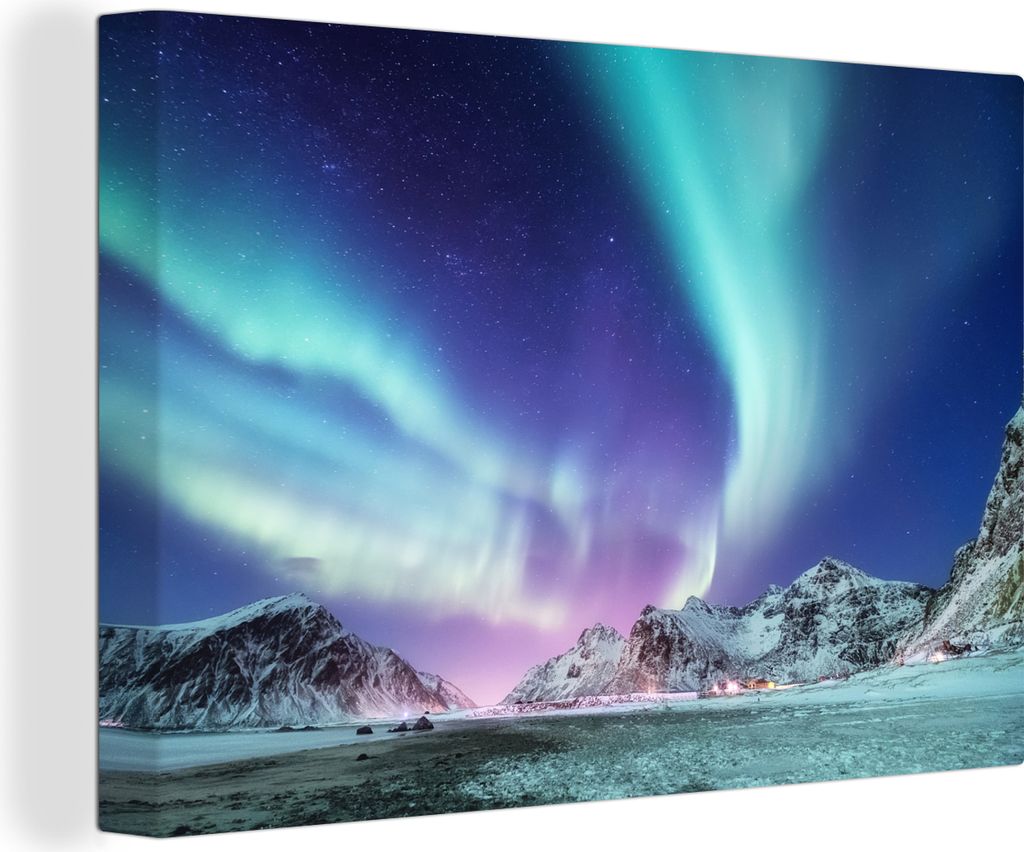 OneMillionCanvasses - Leinwandbilder - 150x100 cm, Nordlichter - Schnee - Berg - Norwegen, Wandbilder Kunstdruck Wanddekoration