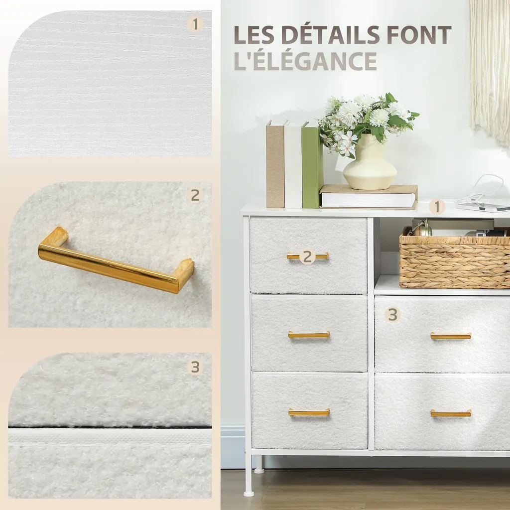 Commode de Rangement en Bouclette avec Prises USB et Type-C Intégrées