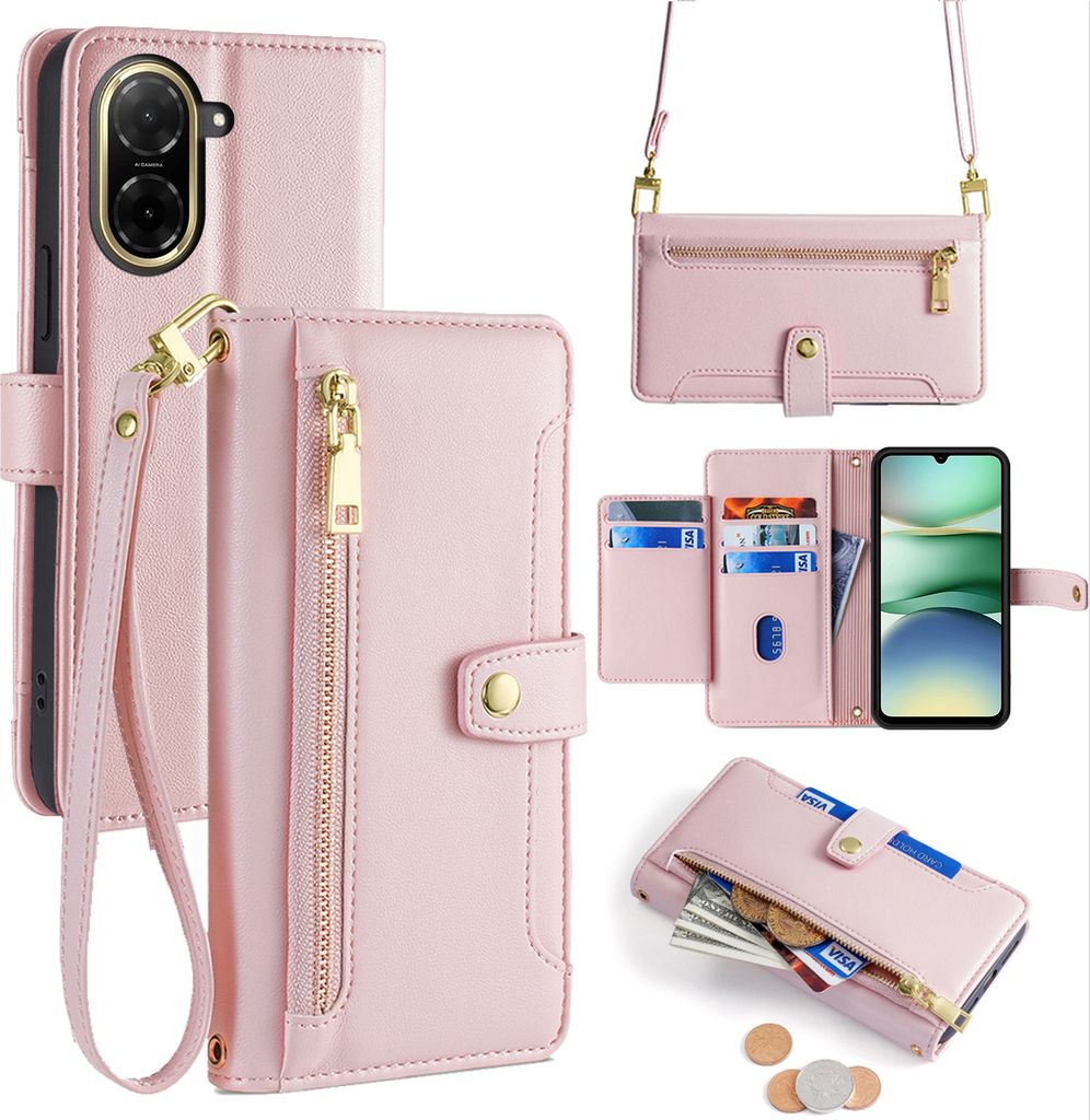 Handykette Hülle für Xiaomi Redmi A5 mit Band Handyhülle Kartenfächer Kunstleder Umhängetasche in Rosa