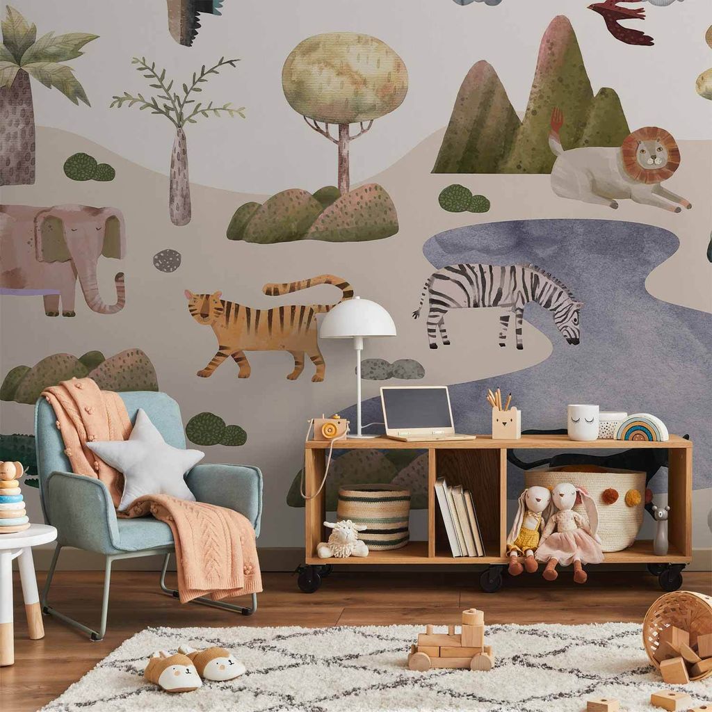 Vlies Fototapete - Africa for Toddlers - Savannah Animals in Pastel Colours 400x280 cm Für Kinder e-C-10081-a-a