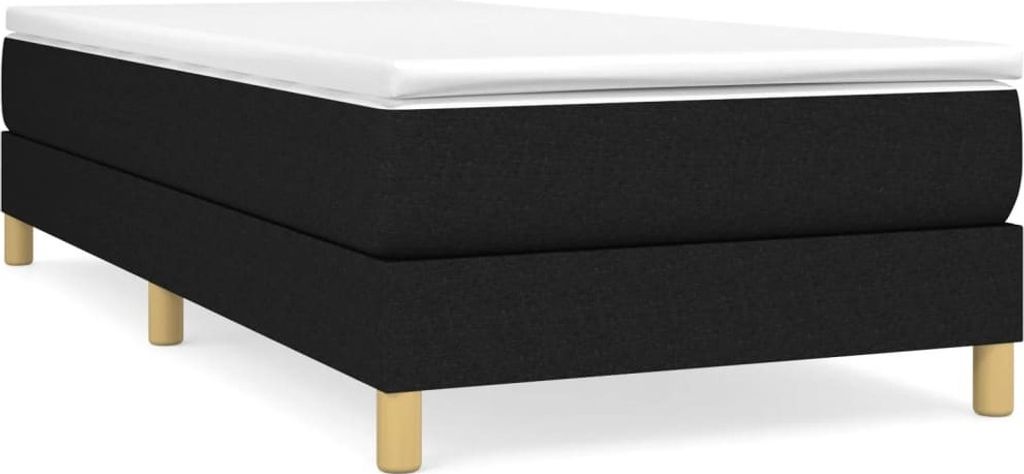 A black bed frame with a white mattress topper on a white background, seen from a slightly angled side view.