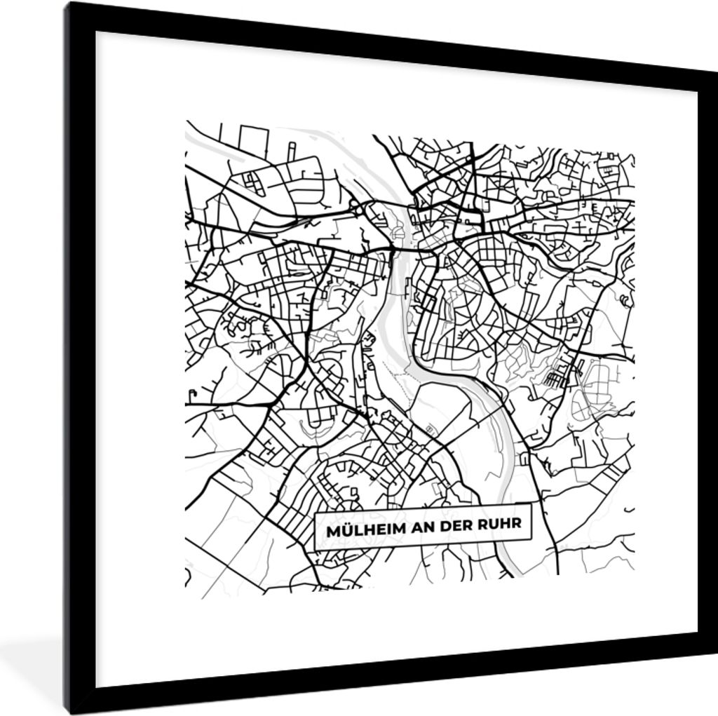 MuchoWow Gerahmtes Poster Mülheim an der Ruhr - Karte - Stadtplan 40x40 cm - Poster mit Schwarzem Bilderrahmen Wandposter Rahmen Foto Bilder - P...