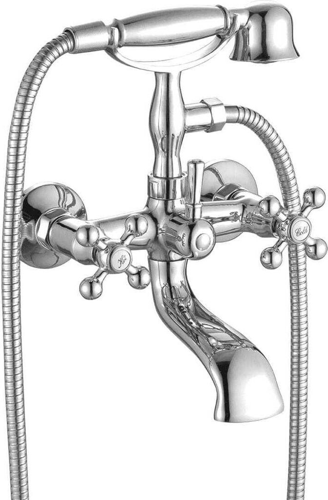 A chrome-plated bathtub faucet with a retro-style shower head and two cross-shaped handles for hot and cold water.