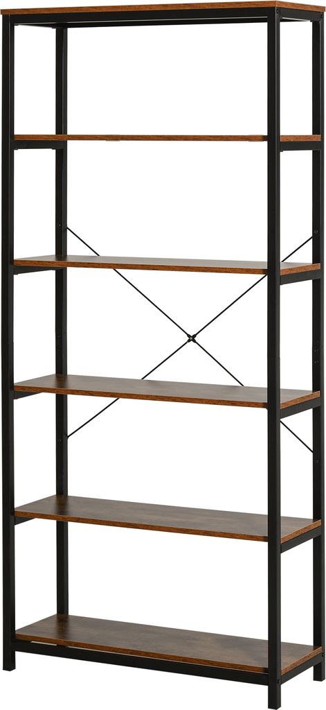 HOMCOM Retro-Bücherregal im Industriestil mit 6 offenen Regalen für Bücher und Kippschutzsystem zur Aufbewahrung für Wohnzimmer, Büro, 80 x 30...
