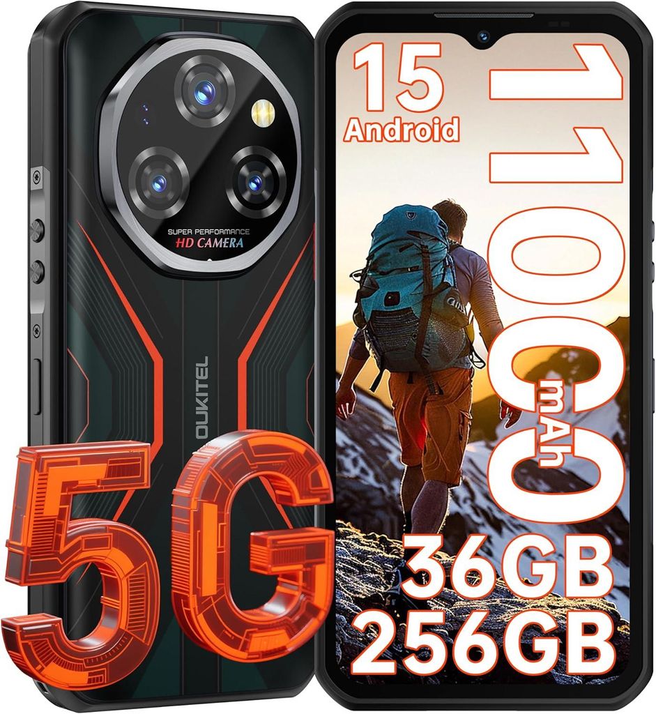 OUKITEL WP55 5G Outdoor Handy Ohne Vertrag Android 15, 11000mAh 36GB+256GB/2TB Outdoor Smartphone 6.6" FHD+ 108MP+32MP Dual 5G SIM/IP68/NFC, Orange