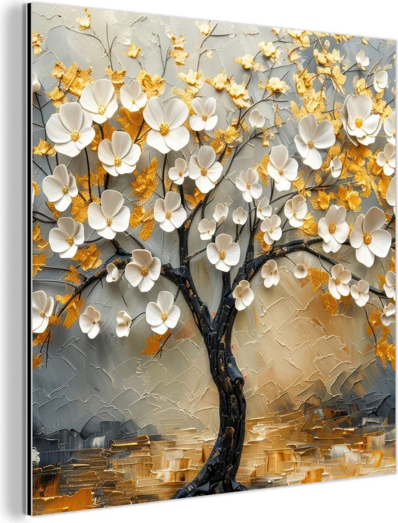 MuchoWow Wanddekoration Metall Metallbild Wandkunst 20x20 cm Baum - Blumen - Gold - Beige MuchoWow Aluminium Gemälde - Alu Dibond Bilder