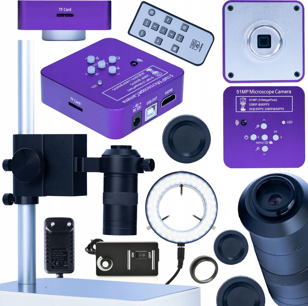 Rosfix Set Puppis Pink PRO 4-in-1 – Mikroskopkamera 51MP HDMI/USB, 100x C-Mount Objektiv, LED-Ringlicht, Aluminium-Stativ | 4K Video