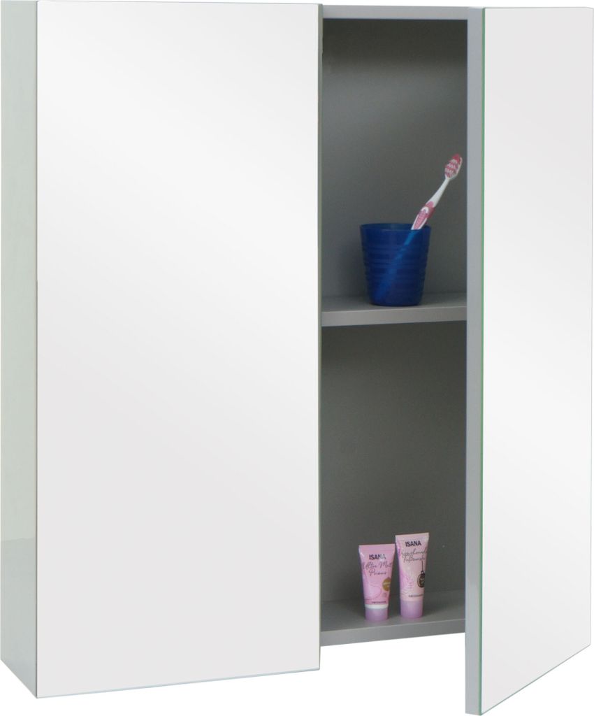 A bathroom medicine cabinet with mirrored doors is open, revealing shelves with toiletries and a toothbrush cup.
