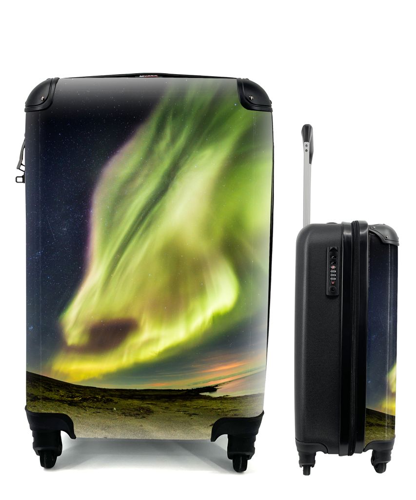MuchoWow Koffer Handgepäck Trolley Rollkoffer Kleine Reisekoffer mit 4 Rollen - Nordlichter - Island - Orange - Grün - Cabin Size < 55x40x23 cm...