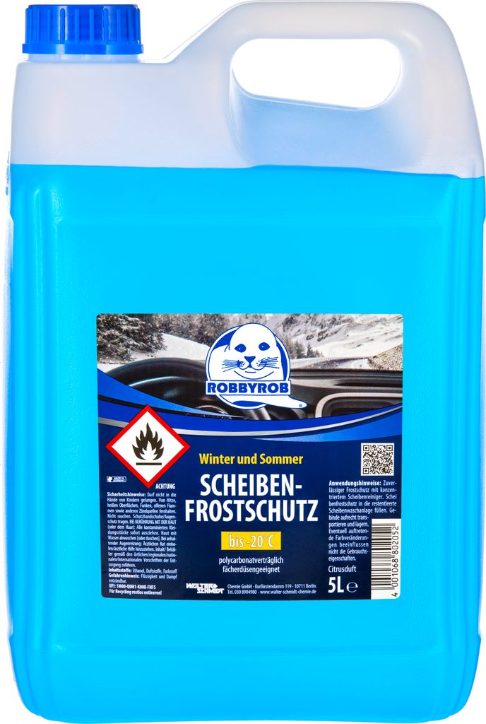 A large plastic jug of blue windshield washer fluid with a label showing a seal logo and product information.