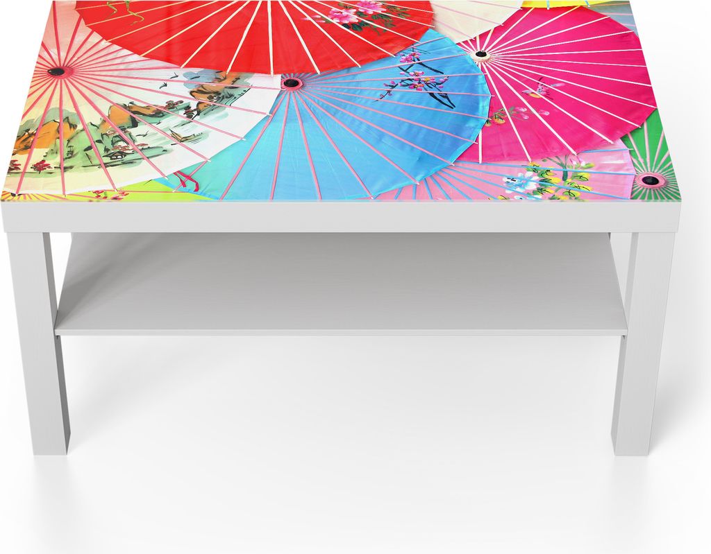 DEQORI Couchtisch 90x55 cm Weiß 'Bunte Schirmvielfalt' Glas Beistelltisch Glastisch modern