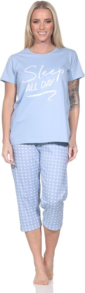 Normann Damen Schlafanzug kurzarm Pyjama mit Capri-Pyjamahose in gepunkteter Optik ; blau , 36