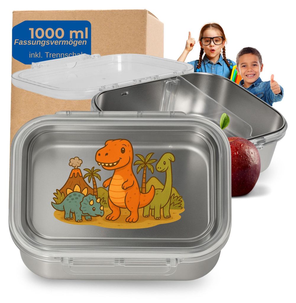 Edelstahl Brotdose Kinder 1000 ml - Brotbox 'Storage' mit Trennwand und Motiv perfekt für Schule und Kindergarten - Motiv Dino