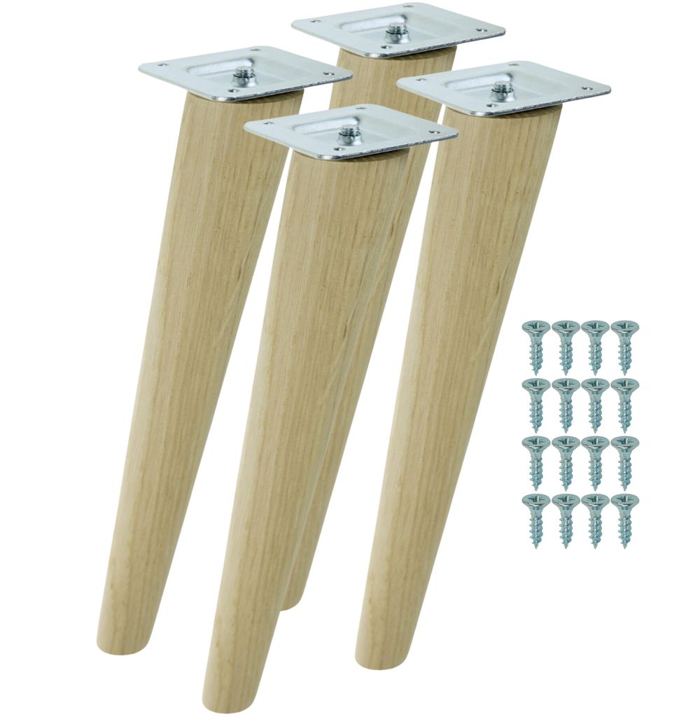 Möbelbeine aus massiver, unbehandelter Eiche, schräge Form, 45 cm, Montagefertiges Set, 4 Stück mit Schrauben
