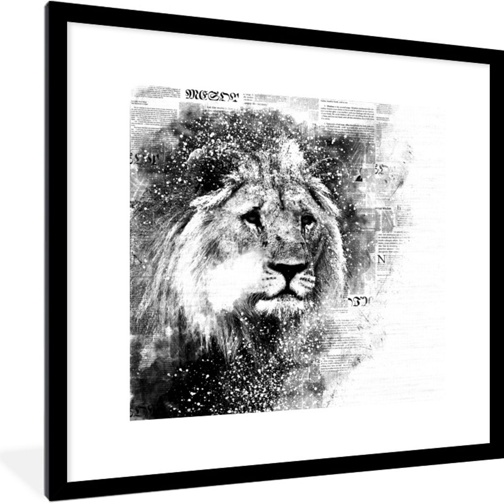 MuchoWow Gerahmtes Poster Löwe - Zeitung - Schwarz - Weiß 40x40 cm - Poster mit Schwarzem Bilderrahmen Wandposter Rahmen Foto Bilder - Poster -...