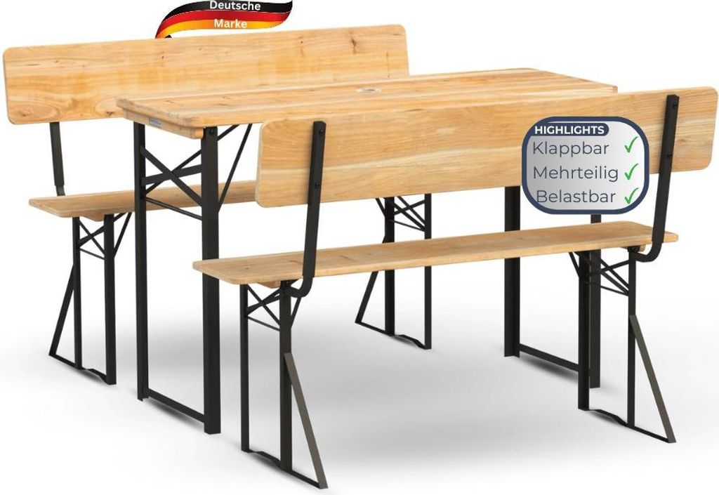 Bierzeltgarnitur mit Lehne klappbar Holz 120cm klein RINHO - 3 Teilig | 2x Bierbank 1x Biertisch | Festzeltgarnitur Biertisch Stehtisch Sitzgarnitur