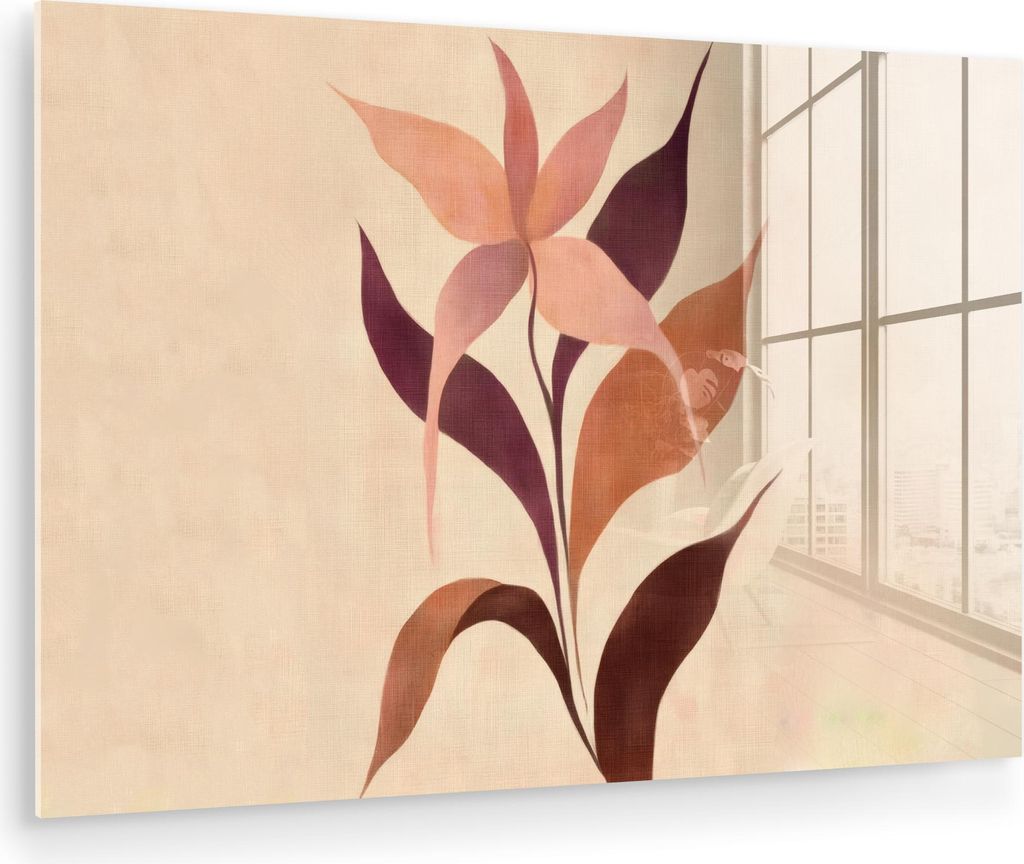 MuchoWow Glasbilder - Bilder auf Wandbild - Foto auf Glas Minimalistisch - Blume - Blätter - Beige 90x60 cm Wanddekoration aus Glas - Acrylglasbil...