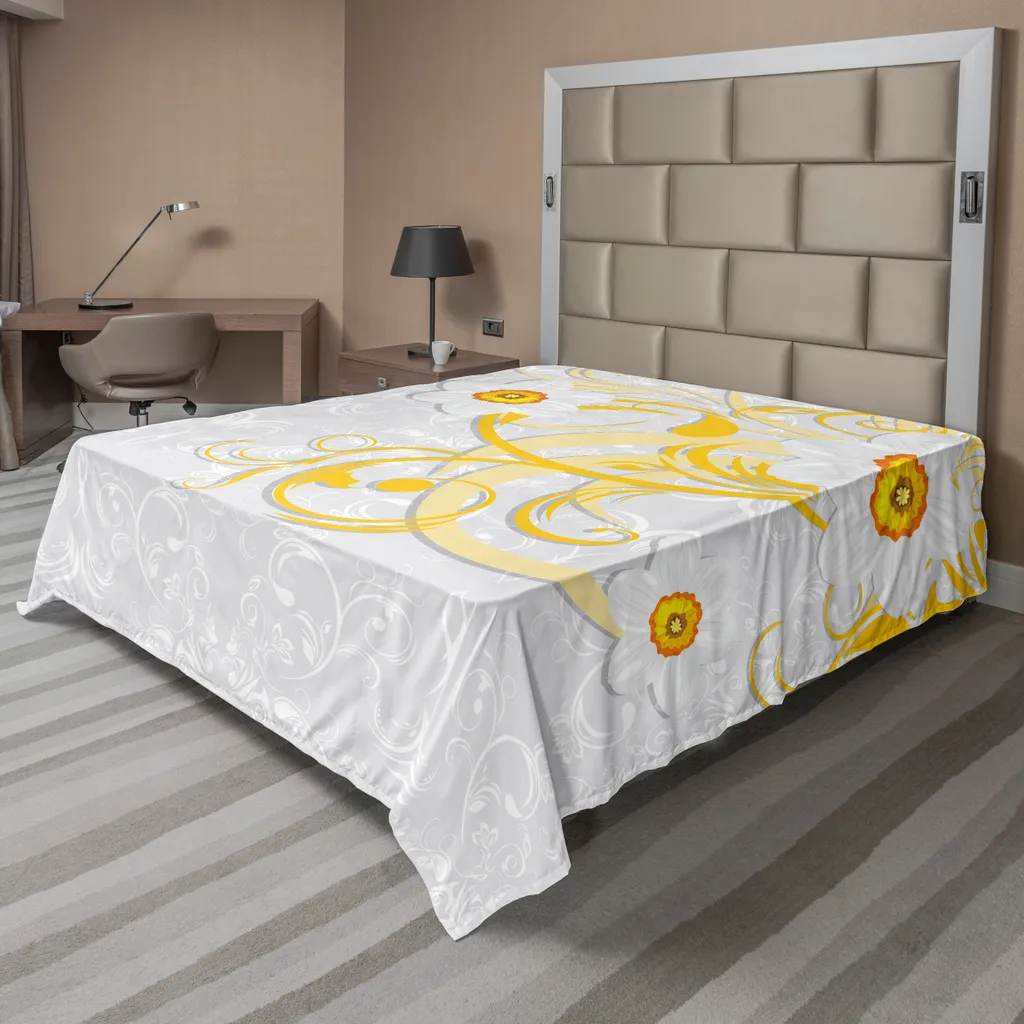 ABAKUHAUS Lenzuolo Narciso, motivo floreale ripetuto su sfondo di narcisi, curve variabili, motivo primaverile, lenzuolo morbido e confortevole per un letto decorativo, 1 pezzo, 260 cm x 228 cm, grigio giallo