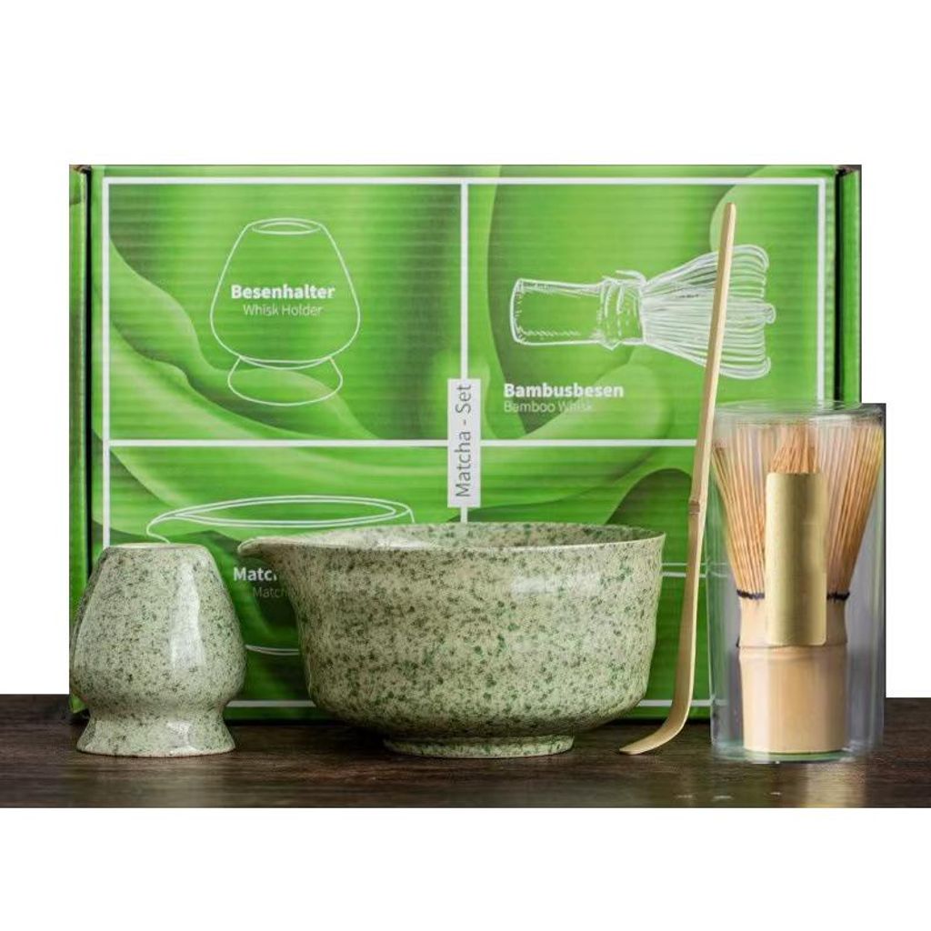 Matcha Teezeremonie Set 4-teilig,Japanisches Matcha Teeschalen Set mit Bambusbesen, Löffel und Zubehör, Keramik Schale,Matcha-Grün