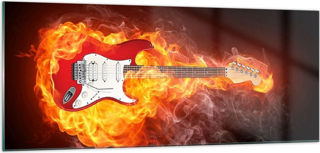 Bilder auf glas - Flammen Gitarre Instrument - 100x40cm - Glasbilder - Wandbilder - Kunstdruck - zum Aufhängen bereit - Wanddekoration aus Glas - ...