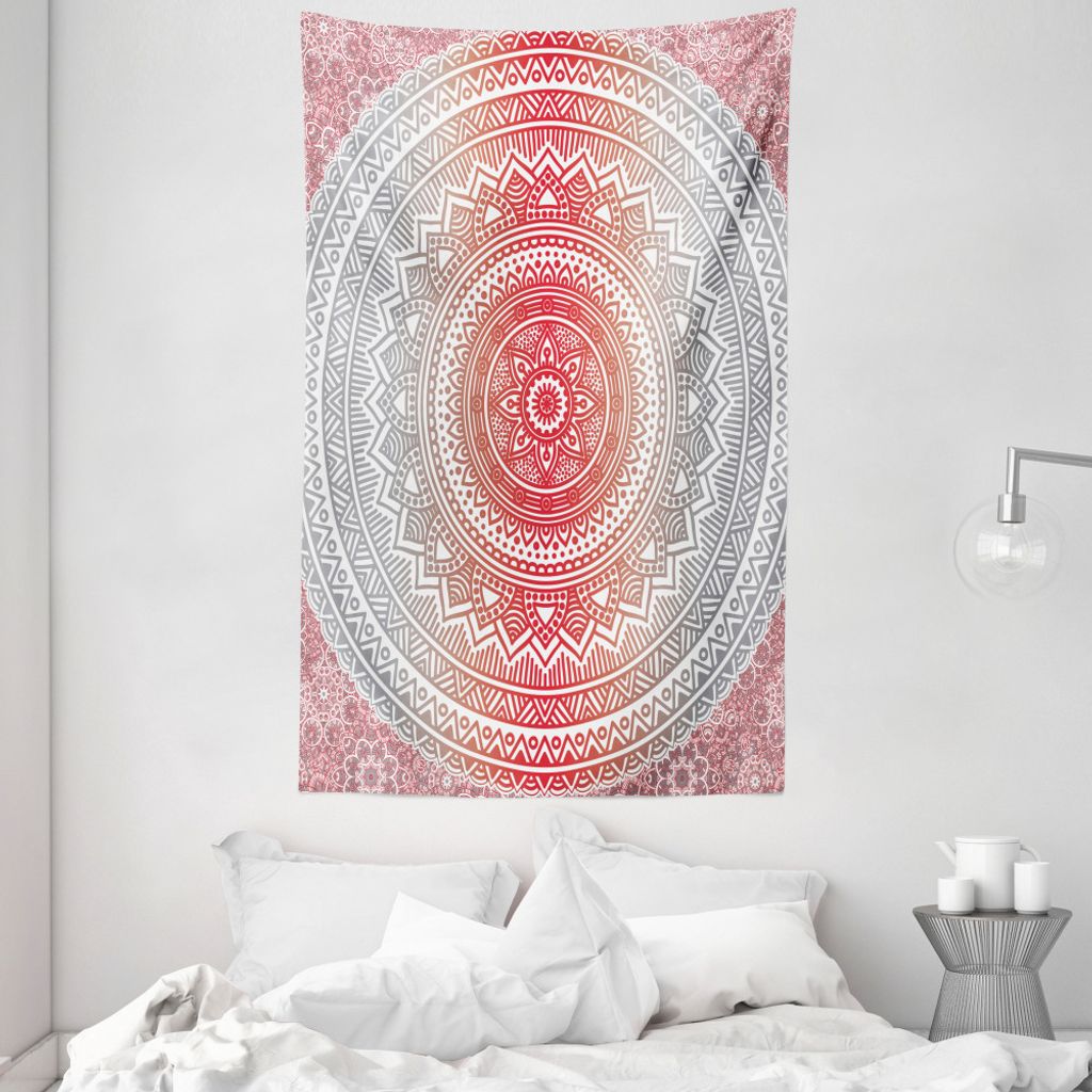 ABAKUHAUS Grau und Rot Wandteppich und Tagesdecke, Ombre Mandala Boho aus Weiches Mikrofaser Stoff Waschbar ohne Verblassen Digitaldruck, 140 x 230...