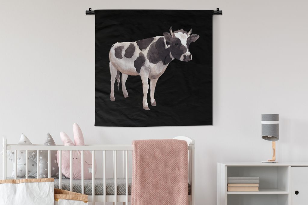 MuchoWow Wandteppich Wandbehang Kuh - Zeichnung - Schwarz 90x90 cm Tapisserie Dekoration Wandtuch - Wandaufhänger