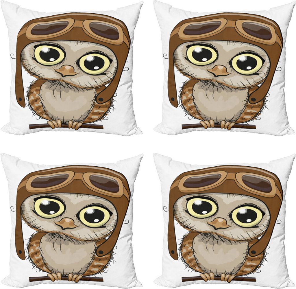 ABAKUHAUS Eulen Kissenbezug Set (4 Stück), Pilot Hat Big Eyes Comic, Moderner Doppelseitiger Digitaldruck, 40 cm x 40 cm, Gelb Braun Kakao