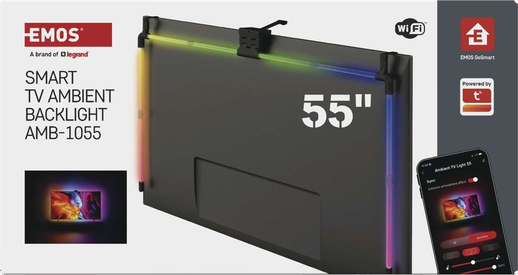 EMOS Smarte TV Hintergrundbeleuchtung für 55“ TV (139 cm), abnehmbare RGBIC LED Light Tubes, mit Kamera, WiFi, App- und Sprachsteuerung, ZTV55