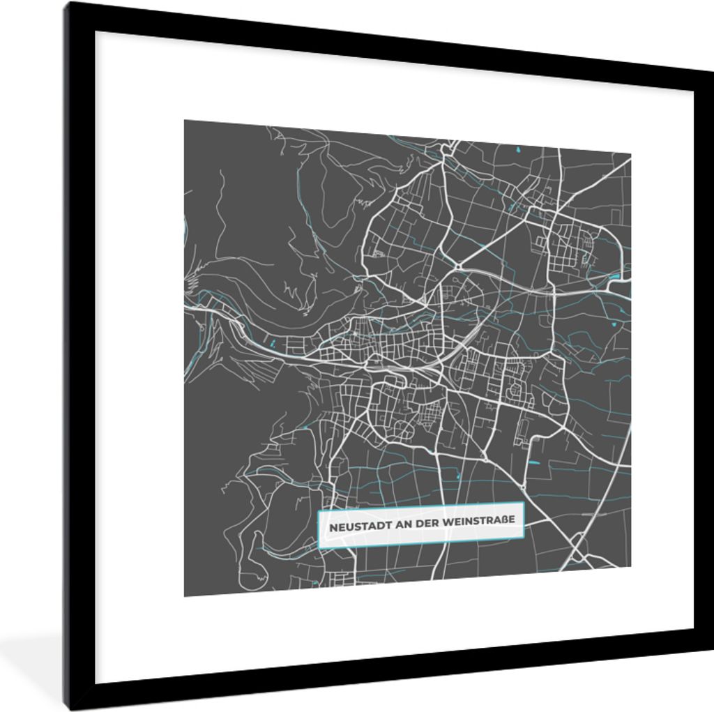MuchoWow Gerahmtes Poster Karte - Stadtplan - Neustadt an der Weinstraße - Deutschland - Blau 40x40 cm - Poster mit Schwarzem Bilderrahmen Wandp...