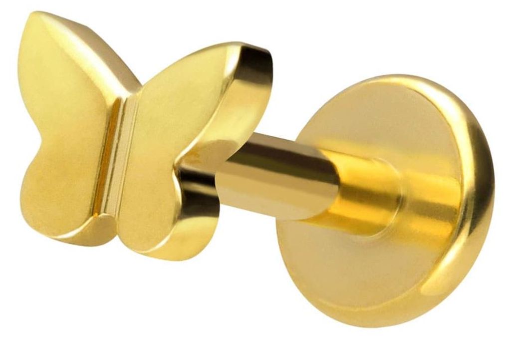 Ohrpiercing, Nasenpiercing Titan Labret mit Innengewinde SCHMETTERLING Gold Stablänge: 7mm | Stabstärke: 1,2mm