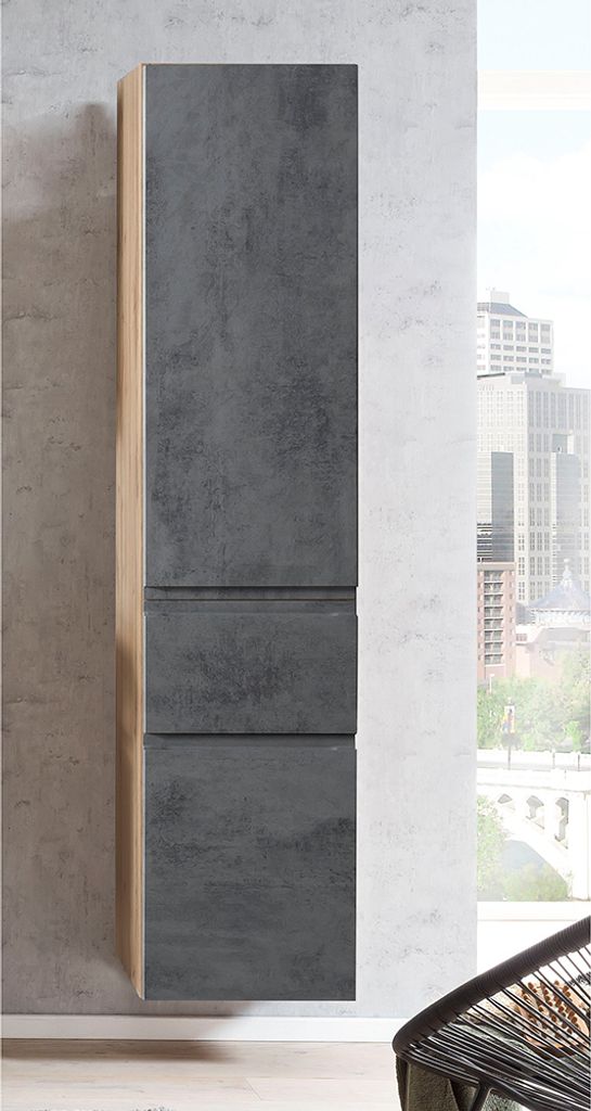 Badezimmer Hochschrank 40cm VASTO-03-CONCRETE in Wotan Eiche Nb. mit Beton Optik, B/H/T ca. 40/180/35 cm