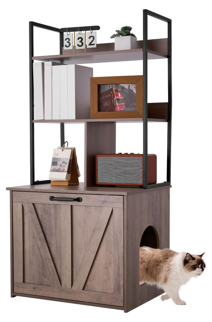 VEVOR Katzenschrank mit Regalen 600x500x1272 mm, Katzenklo-Schrank mit Ablagefächern, Tür & Haken, Katzenmöbel, Beistelltisch, Katzenhaus aus Ho...