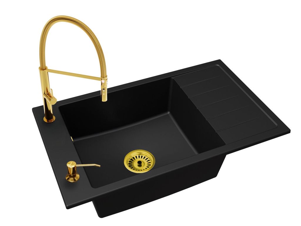 Küchenspüle Einbecken LUIS mit Abtropffläche + Siphon + Armatur FULL Gold + Seifenspender