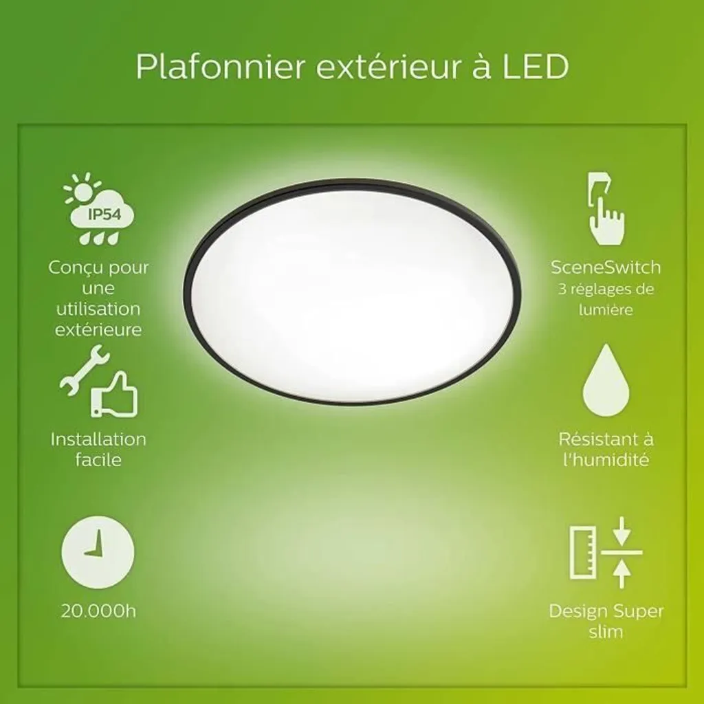 Plafoniere a LED SuperSlim, 15W, nero, IP54, adatto per esterni, durata 15000 ore, accensione immediata