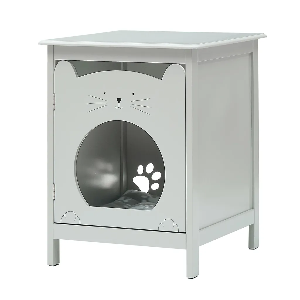 Caisse pour chat design gris avec porte verrouillable et plateau de nuit