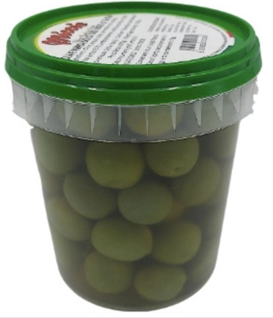 A clear, well-lit studio shot of a plastic container filled with green olives.