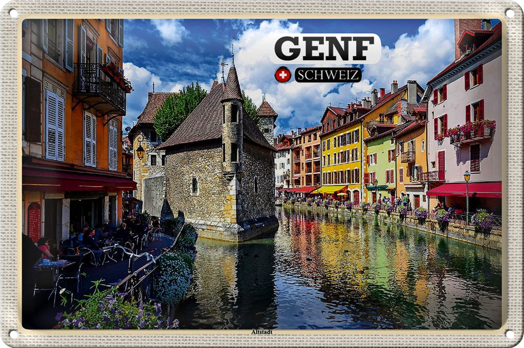 Blechschild Reise Genf Schweiz Altstadt Fluss 40x30cm