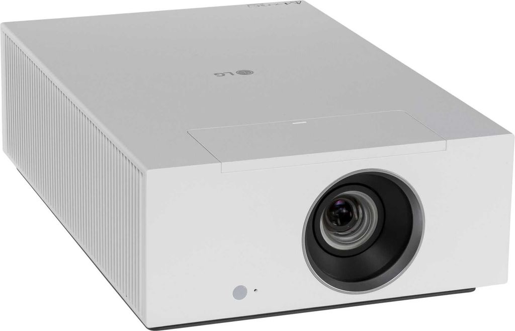A white LG projector is shown from a diagonal front angle on a white background.
