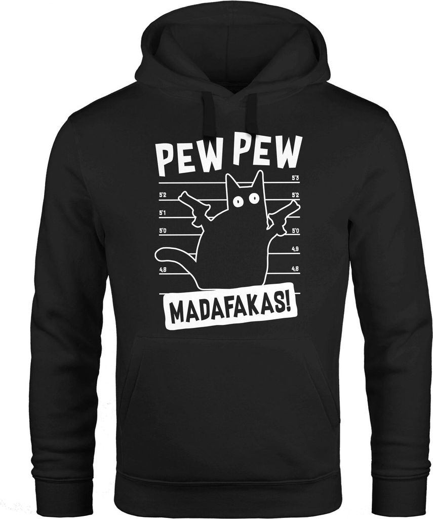 Hoodie Herren Pew Pew Madafaka Katze Cat Most Wanted Meme Spruch Trend Kapuzen-Pullover Moonworks schwarz 3XL