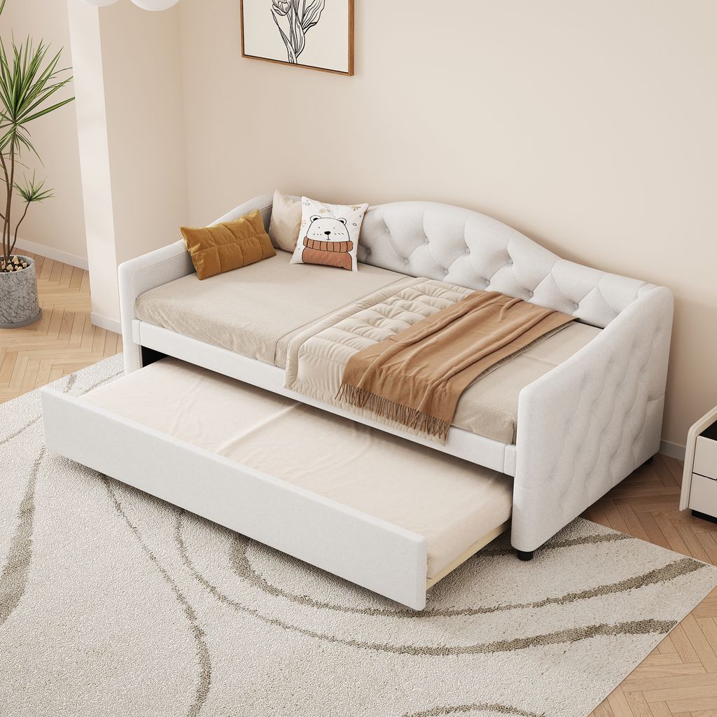 okwish Schlafsofa Daybett 90x200cm mit Ausziehbarem Unterbett 90x190cm und Lattenrost, Tagesbett Kinderbett Jugendbet(Ohne Matratze)- Beige