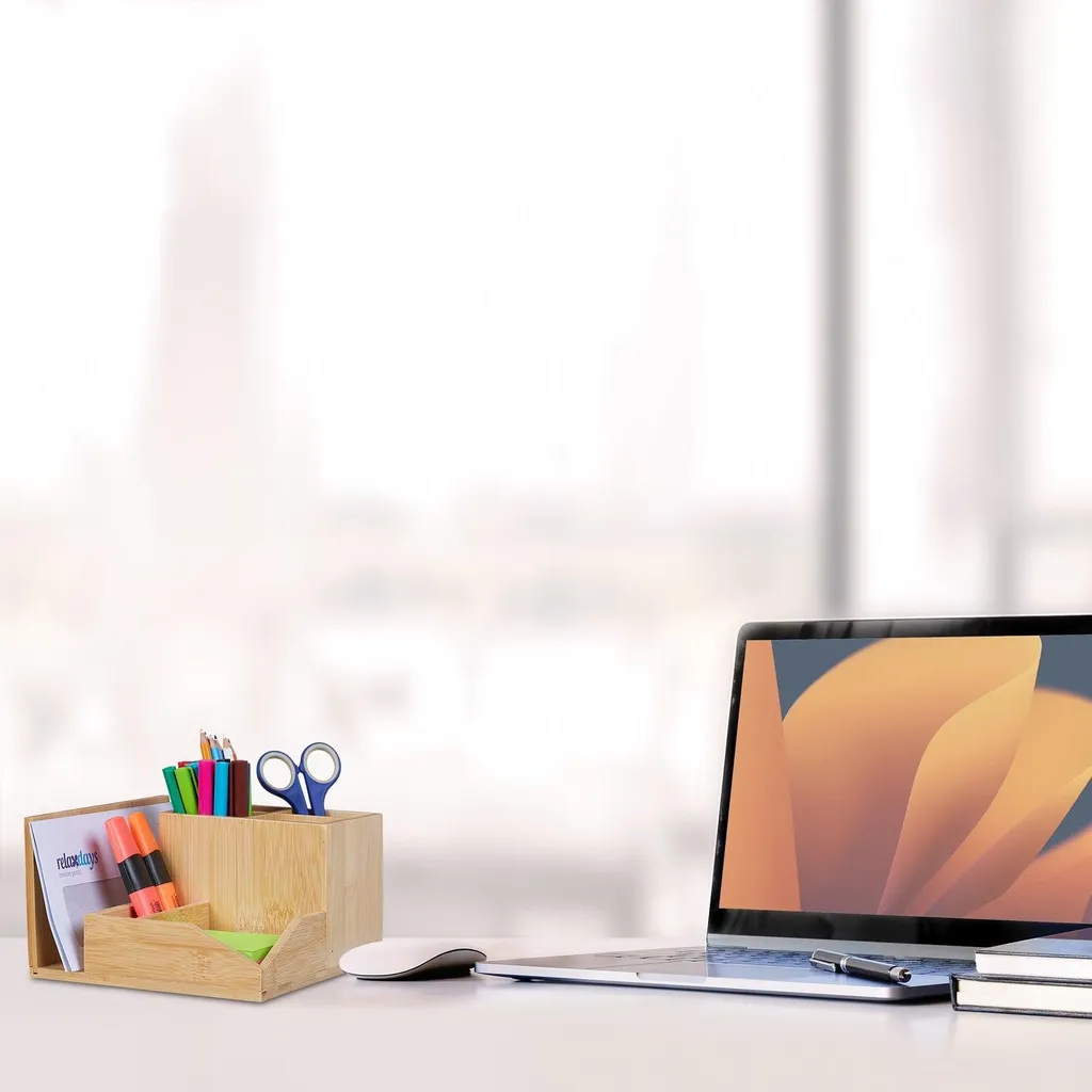 Support bureau en bambou naturel modulable avec compartiment ajustable