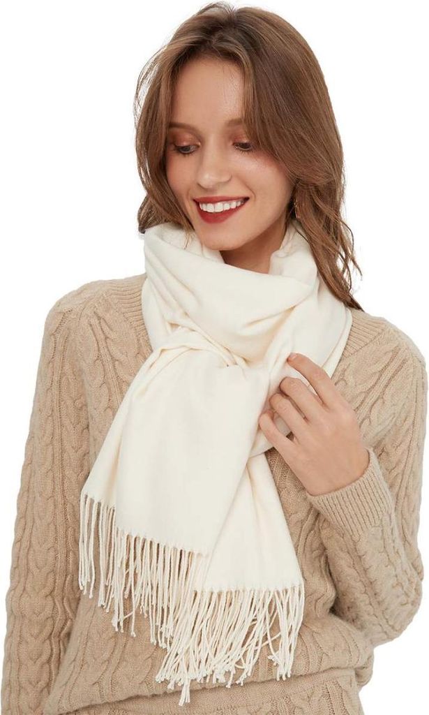 Schal Damen warm Herbst Uni Baumwolle mit Quasten/Fransen, Farben Uni & Kariert Pashmina XL Schals Stola,Weiß