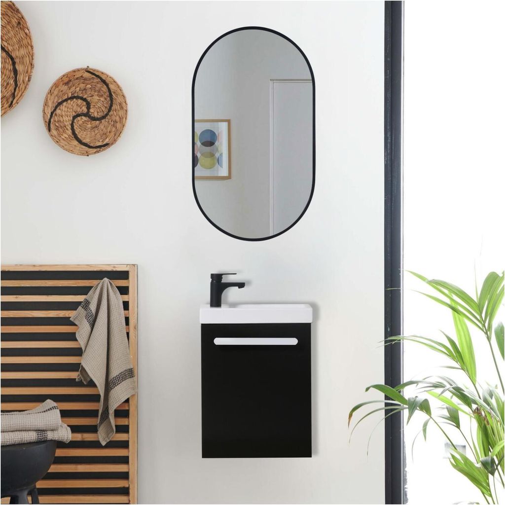 Nevada Wandwaschtisch-Set mit schwarzer Armatur und ovalem Spiegel