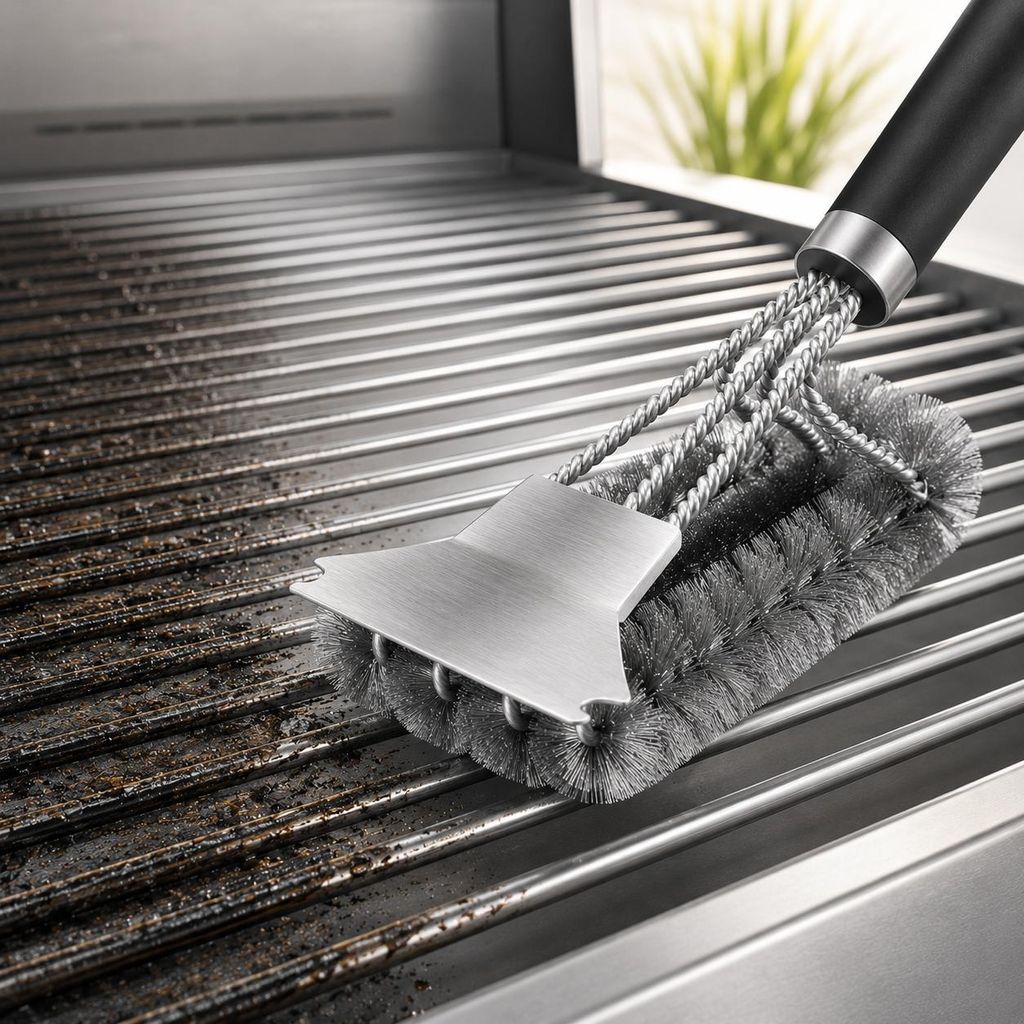 Premium 3-in-1 Grillbürste aus Edelstahl, 42 cm, mit Produktbild 