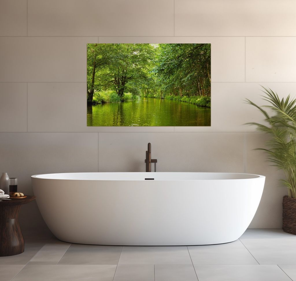 Wallario wasserfestes Poster selbstklebend 91,50 x 61 cm, Spreewald in Brandenburg grüne Wälder und Spiegelungen im Wasser, Badezimmerposter Spri...